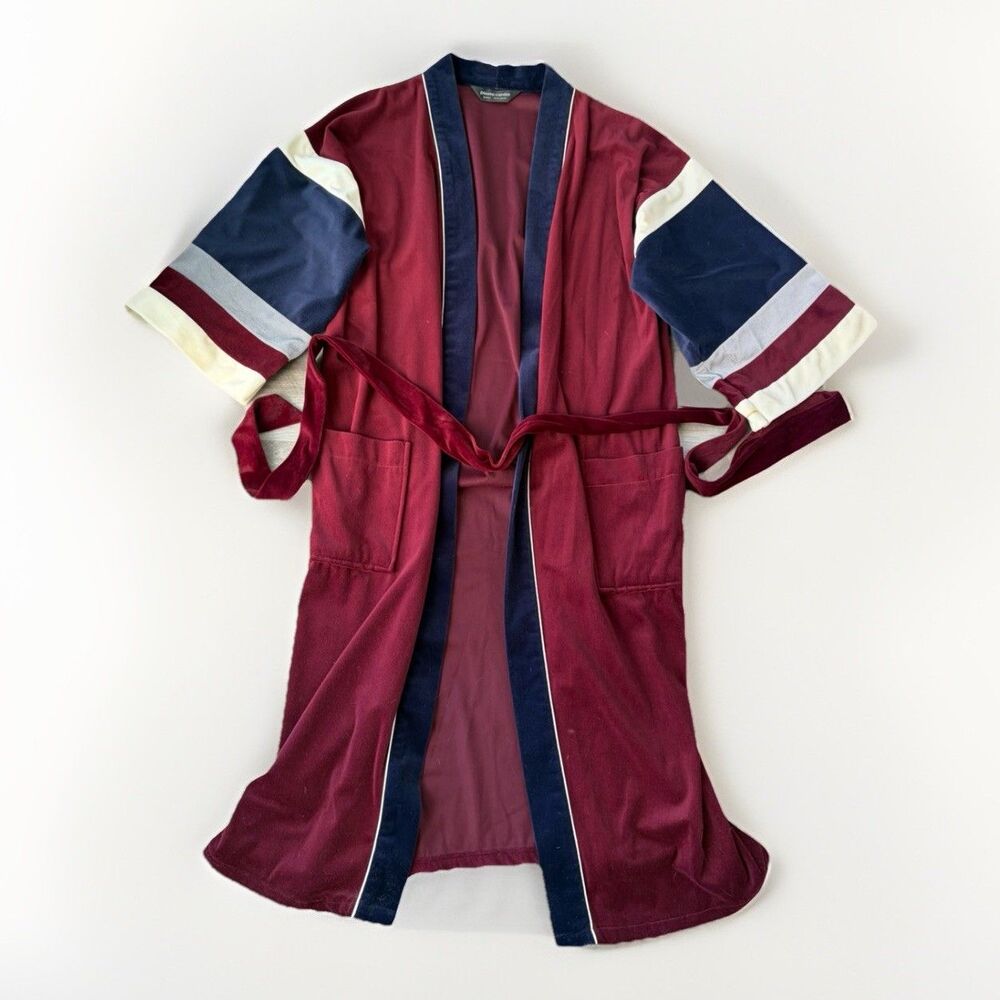 VTG Pierre Cardin Robe Men’s Velour Color Block Burgundy Navy 70s Belted L / XL